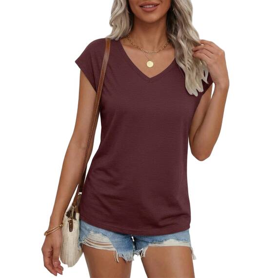 Suncife Damen-T-Shirt, Sommer, lockere Passform, Flügelärmel, V-Ausschnitt, T-Shirt, burgunderfarben, S