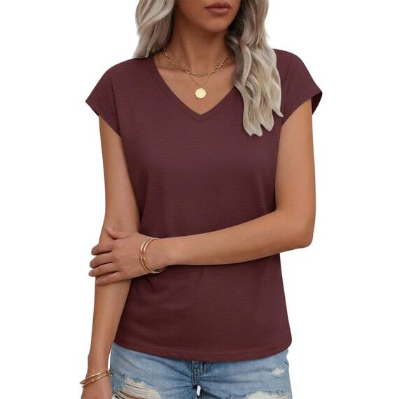 Suncife Damen-T-Shirt, Sommer, lockere Passform, Flügelärmel, V-Ausschnitt, T-Shirt, burgunderfarben, XXL