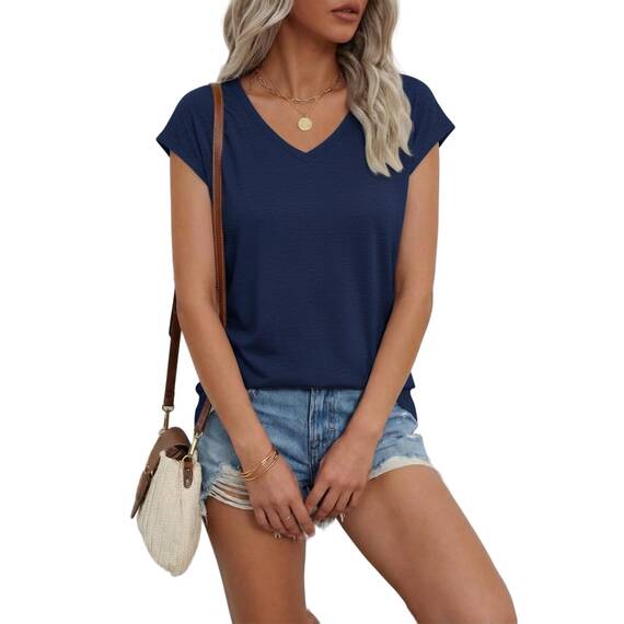 Suncife Damen-T-Shirt, Sommer, lockere Passform, Flügelärmel, V-Ausschnitt, T-Shirt, blau, M