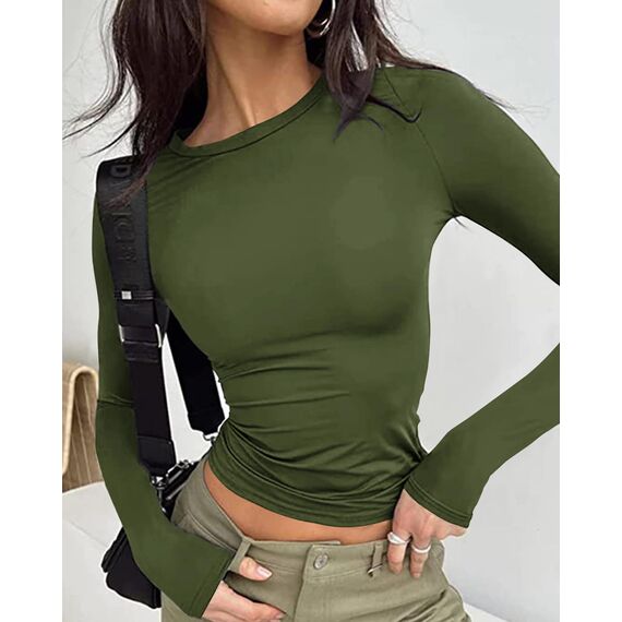 Cuptacc Tshirt Damen Langarm Frühling Eng Luftig Tops Für Damen Langarm Sonnenschutz Rundhals Dupe Longshirt Basic Militärgrün S