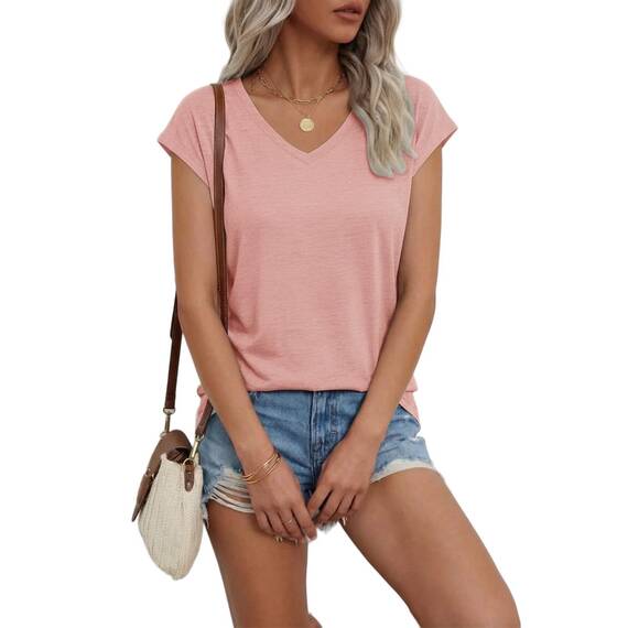 Suncife Damen-T-Shirt, Sommer, lockere Passform, Flügelärmel, V-Ausschnitt, T-Shirt, Rose, M