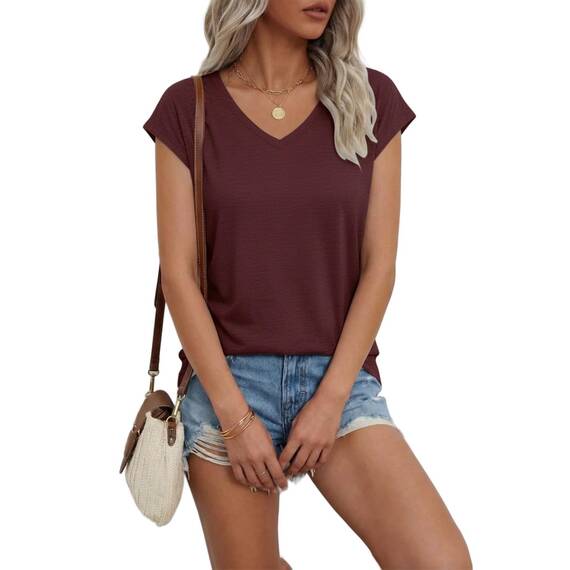 Suncife Damen-T-Shirt, Sommer, lockere Passform, Flügelärmel, V-Ausschnitt, T-Shirt, burgunderfarben, XL