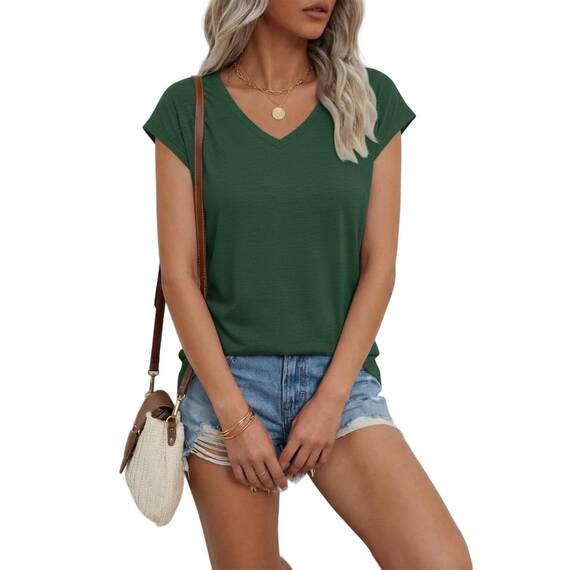Suncife Damen-T-Shirt, Sommer, lockere Passform, Flügelärmel, V-Ausschnitt, T-Shirt, grün, M