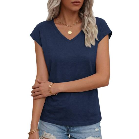Suncife Damen-T-Shirt, Sommer, lockere Passform, Flügelärmel, V-Ausschnitt, T-Shirt, blau, L