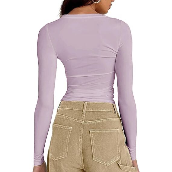 Cuptacc Damen Tshirt Langarm Elegant Airy Blusen & Tuniken Für Damen Langarm Konvertierbar Trendy Oberteile Enganliegend Hellviolett XXL
