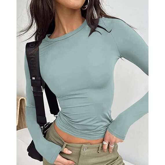 Cuptacc Tunika Damen Langarm Dünn Luftig Round Neck Top Damen Langarmshirt Eng Sommer Dehnbar Feuchtigkeitsableitend Streetwear Himmelblau XXL