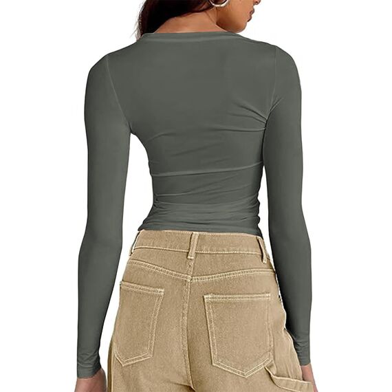 Cuptacc Langarmshirt Damen Eng Solid Color Tops Scoop-Ausschnitt Mädchen Langarm Shirt Elegant Leicht Und Luftig Sportbekleidung Dunkelgrau XL