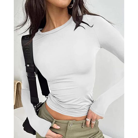 Cuptacc Top Damen Langarm Elegant Eng Klassisch Round Neck Langarmshirt Damen Baumwolle Longshirt Crop Luftig Stretch Longsleeve Weiß XL