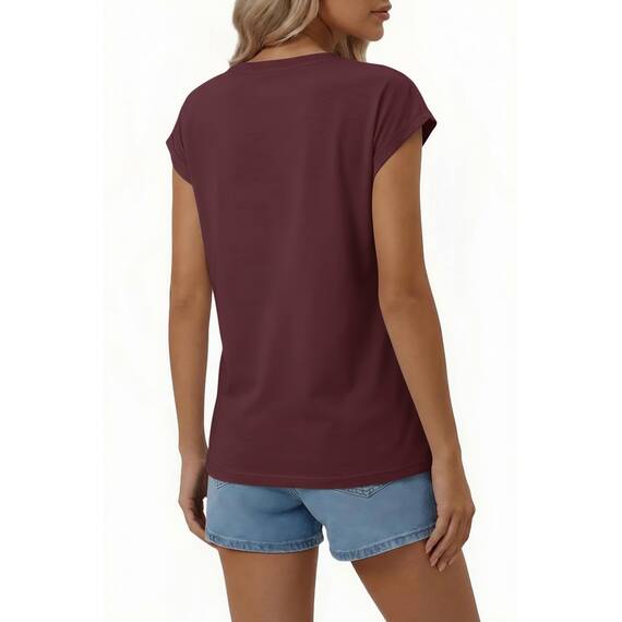 Suncife Damen-T-Shirt, Sommer, lockere Passform, Flügelärmel, V-Ausschnitt, T-Shirt, burgunderfarben, S