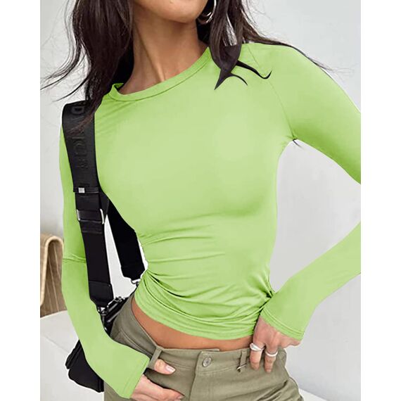 Cuptacc Top Langarm Damen Eng Slim Fit Oberteile Damen Fashion Solid Color Round Neck Langarm Shirts Kurz Schnelltrocknend Longsleeve Hellgrün XXL