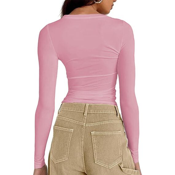 Cuptacc Top Langarm Damen Eng Slim Fit Oberteile Damen Fashion Solid Color Round Neck Langarm Shirts Kurz Schnelltrocknend Longsleeve Leuchtendes Pink XXL