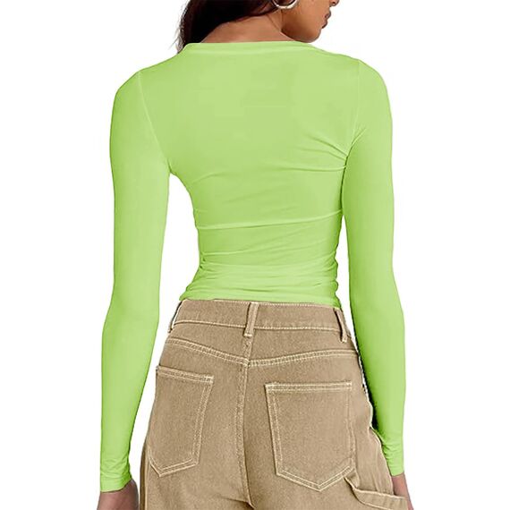 Cuptacc Top Langarm Damen Eng Slim Fit Oberteile Damen Fashion Solid Color Round Neck Langarm Shirts Kurz Schnelltrocknend Longsleeve Hellgrün XXL