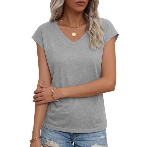 Suncife Damen-T-Shirt, Sommer, lockere Passform, Flügelärmel, V-Ausschnitt, T-Shirt, grau, M