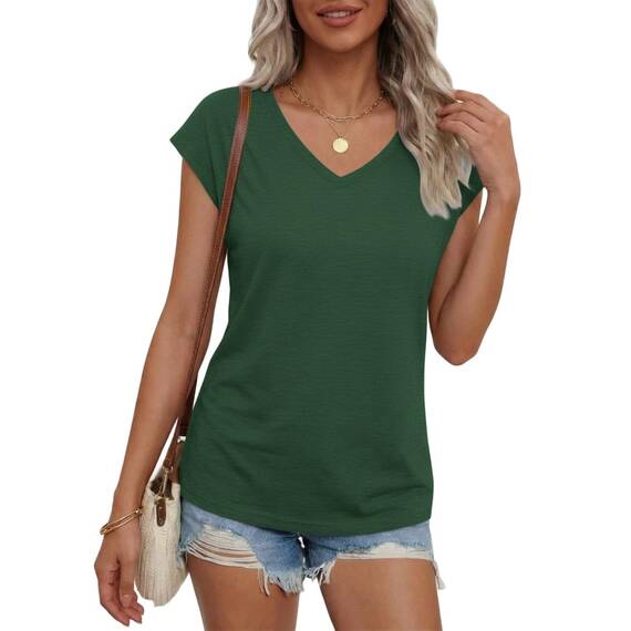 Suncife Damen-T-Shirt, Sommer, lockere Passform, Flügelärmel, V-Ausschnitt, T-Shirt, grün, S