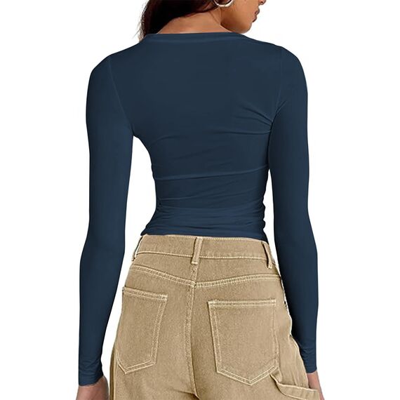 Cuptacc Top Langarm Damen Eng Slim Fit Oberteile Damen Fashion Solid Color Round Neck Langarm Shirts Kurz Schnelltrocknend Longsleeve Marineblau M