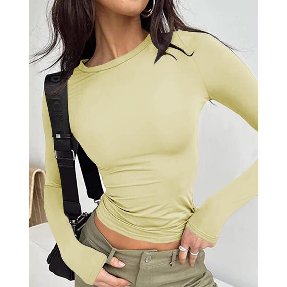 Cuptacc Top Damen Langarm Elegant Eng Klassisch Round Neck Langarmshirt Damen Baumwolle Longshirt Crop Luftig Stretch Longsleeve Creme Gelb XXL