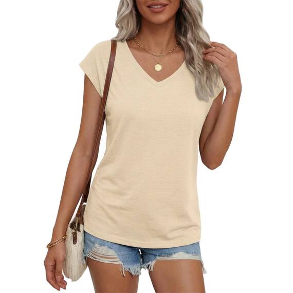 Suncife Damen-T-Shirt, Sommer, lockere Passform, Flügelärmel, V-Ausschnitt, T-Shirt, Aprikose, S