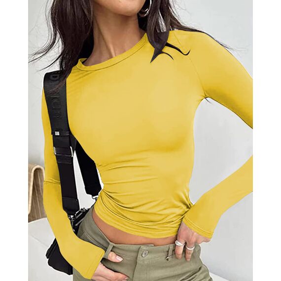 Cuptacc T Shirt Langarm Damen Rundhals Slim Fit Longsleeve Top Basics Enge Langarm Oberteile Schnelltrocknend Faltenfrei Wickelshirt Gelb XS
