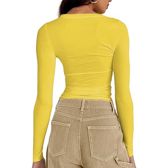 Cuptacc T Shirt Langarm Damen Rundhals Slim Fit Longsleeve Top Basics Enge Langarm Oberteile Schnelltrocknend Faltenfrei Wickelshirt Gelb XS