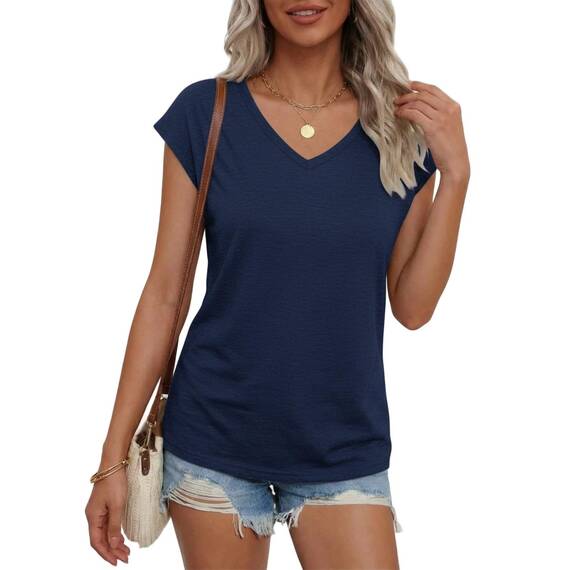 Suncife Damen-T-Shirt, Sommer, lockere Passform, Flügelärmel, V-Ausschnitt, T-Shirt, blau, S