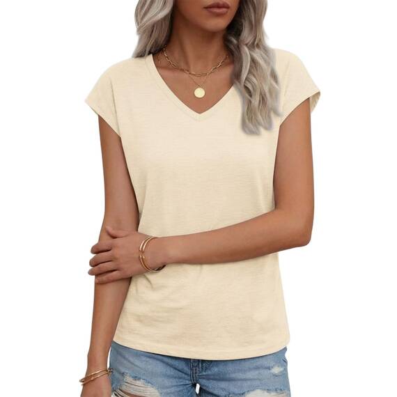 Suncife Damen-T-Shirt, Sommer, lockere Passform, Flügelärmel, V-Ausschnitt, T-Shirt, Aprikose, M