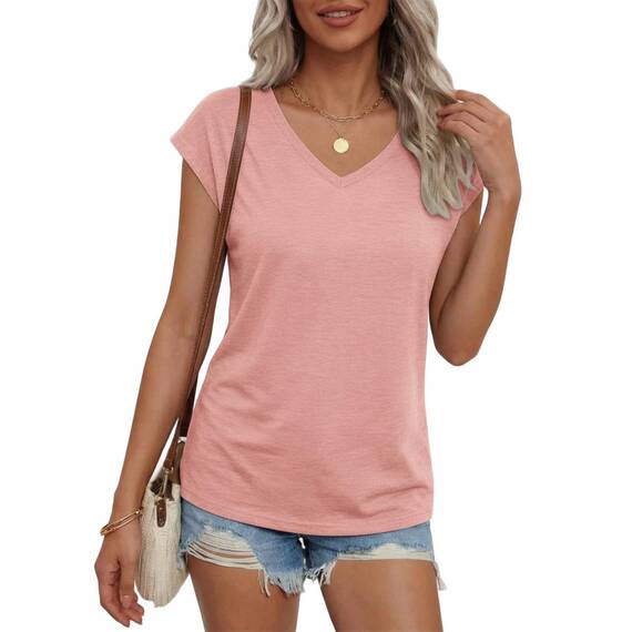 Suncife Damen-T-Shirt, Sommer, lockere Passform, Flügelärmel, V-Ausschnitt, T-Shirt, Rose, M