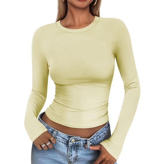 Cuptacc Top Damen Langarm Elegant Eng Klassisch Round Neck Langarmshirt Damen Baumwolle Longshirt Crop Luftig Stretch Longsleeve Creme Gelb XXL