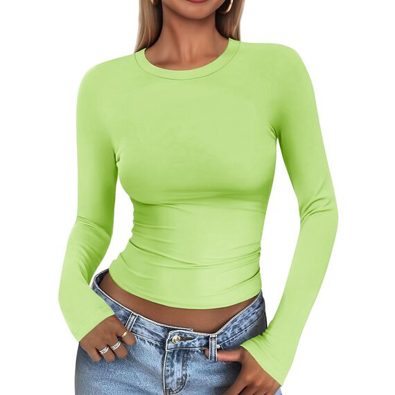 Cuptacc Top Langarm Damen Eng Slim Fit Oberteile Damen Fashion Solid Color Round Neck Langarm Shirts Kurz Schnelltrocknend Longsleeve Hellgrün XXL