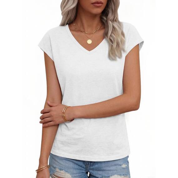 Suncife Damen-T-Shirt, Sommer, lockere Passform, Flügelärmel, V-Ausschnitt, T-Shirt, weiß, XXL