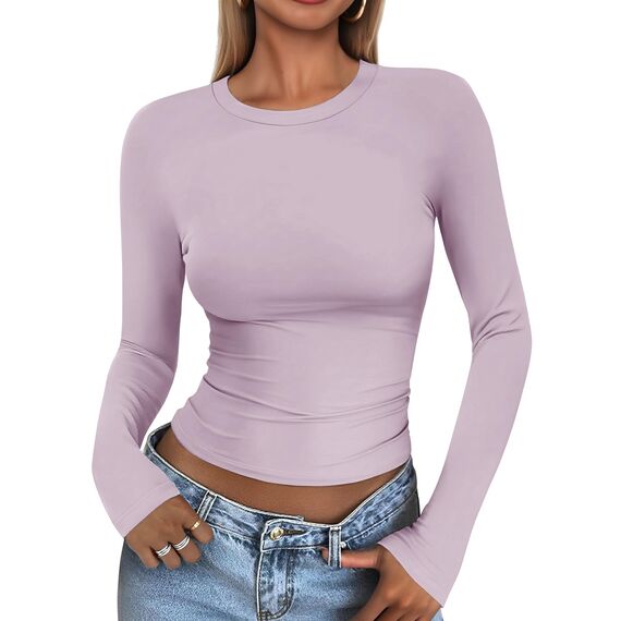 Cuptacc Damen Tshirt Langarm Elegant Airy Blusen & Tuniken Für Damen Langarm Konvertierbar Trendy Oberteile Enganliegend Hellviolett XXL