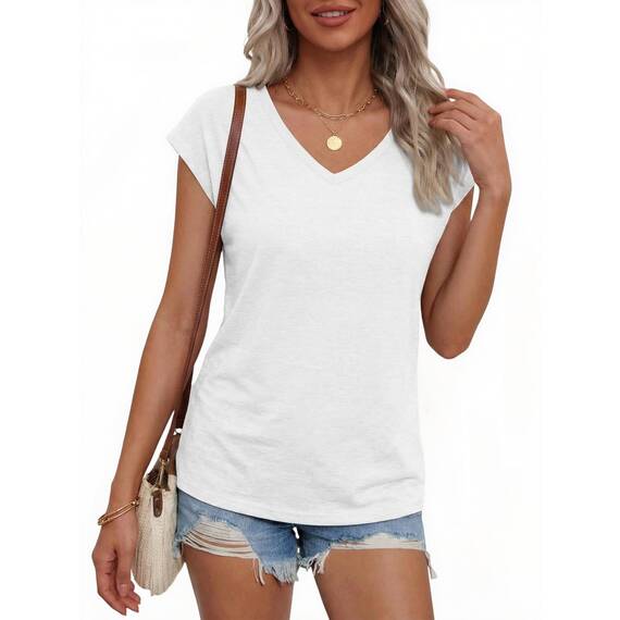 Suncife Damen-T-Shirt, Sommer, lockere Passform, Flügelärmel, V-Ausschnitt, T-Shirt, weiß, L
