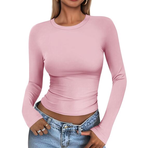 Cuptacc Top Langarm Damen Eng Slim Fit Oberteile Damen Fashion Solid Color Round Neck Langarm Shirts Kurz Schnelltrocknend Longsleeve Leuchtendes Pink XXL