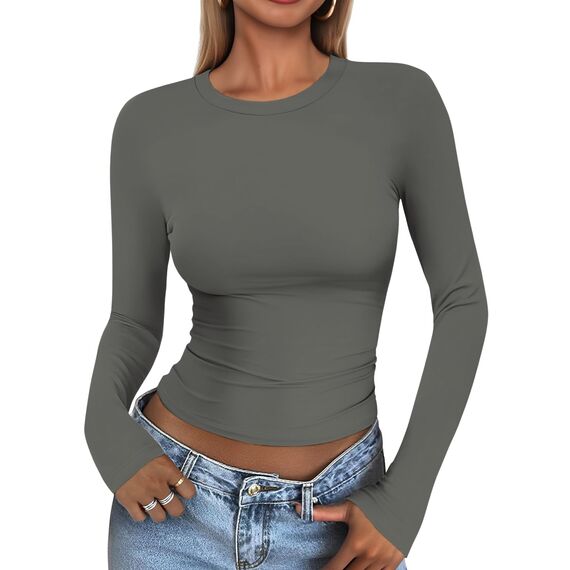 Cuptacc Langarmshirt Damen Eng Solid Color Tops Scoop-Ausschnitt Mädchen Langarm Shirt Elegant Leicht Und Luftig Sportbekleidung Dunkelgrau XL