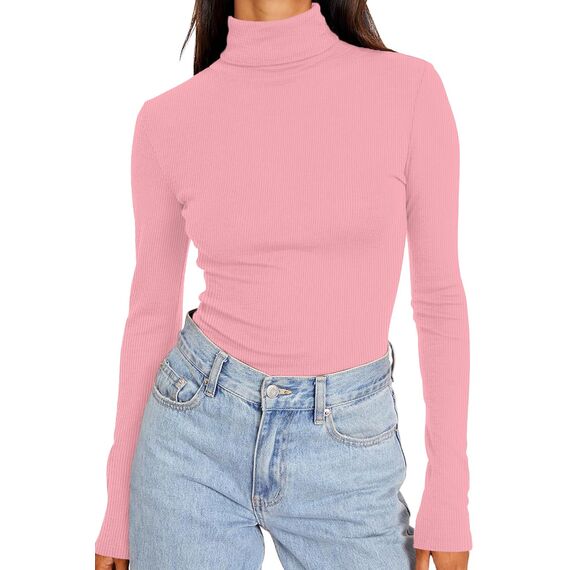 DUOEASE Rollkragenpullover Damen Basic Einfarbig Langarmshirt Damen Herbst Winter Oberteile Rollkragen Langarm Tshirt Elegant Casual Top(Rosa L