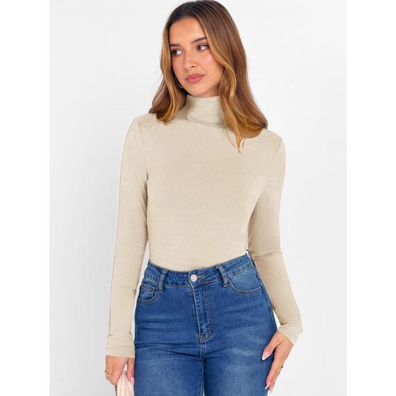 DUOEASE Tshirt Damen Basic Langarmshirt Damen Rollkragen Einfarbig Top Elegant Casual Rollkragenpullover Herbst Winter Oberteile(Beige M