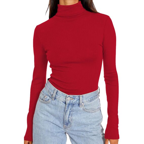 DUOEASE Longsleeve Damen Elegant Basic Rollkragen Tshirt Damen Slim Fit Gerippt Langarm Oberteile Herbst Winter Top(Rot XS