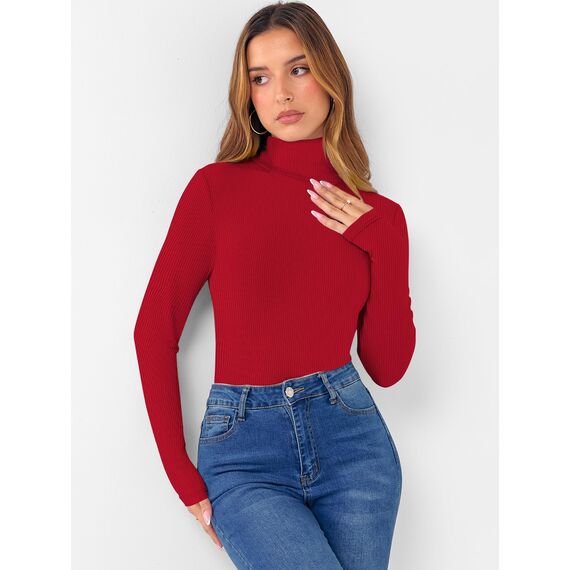 DUOEASE Longsleeve Damen Elegant Basic Rollkragen Tshirt Damen Slim Fit Gerippt Langarm Oberteile Herbst Winter Top(Rot XS