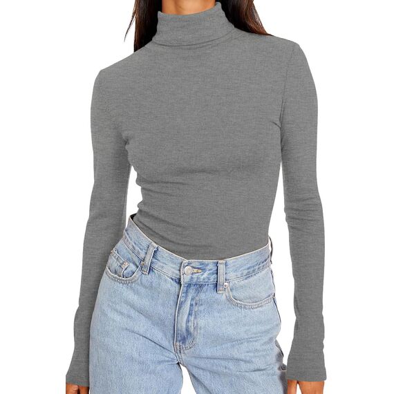 DUOEASE Longsleeve Damen Elegant Basic Rollkragen Tshirt Damen Slim Fit Gerippt Langarm Oberteile Herbst Winter Top(Grau XS