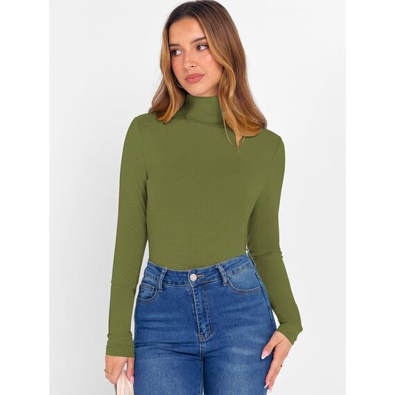 DUOEASE Tshirt Damen Basic Langarmshirt Damen Rollkragen Einfarbig Top Elegant Casual Rollkragenpullover Herbst Winter Oberteile(Olivgrün M