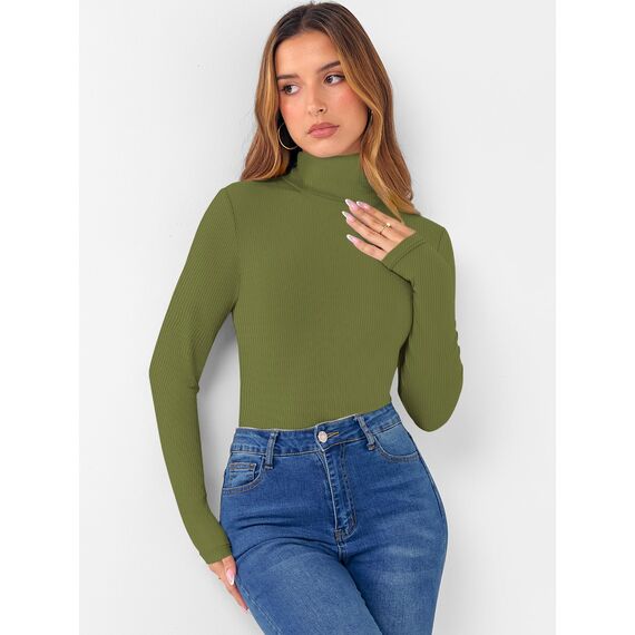 DUOEASE Tshirt Damen Basic Langarmshirt Damen Rollkragen Einfarbig Top Elegant Casual Rollkragenpullover Herbst Winter Oberteile(Olivgrün M