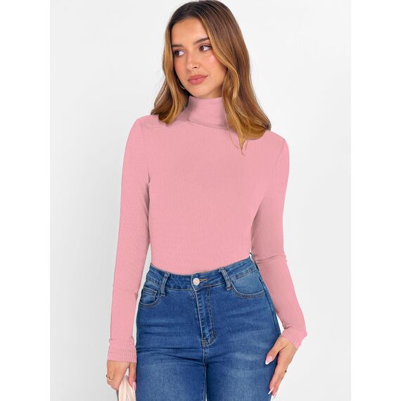 DUOEASE Tshirt Damen Basic Langarmshirt Damen Rollkragen Einfarbig Top Elegant Casual Rollkragenpullover Herbst Winter Oberteile(Rosa M