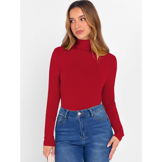 DUOEASE Rollkragenpullover Damen Basic Einfarbig Langarmshirt Damen Herbst Winter Oberteile Rollkragen Langarm Tshirt Elegant Casual Top(Rot L