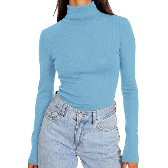 DUOEASE Langarmshirt Damen Slim Fit Casual Gerippt Rollkragenpullover Damen Herbst Winter Top Basic Einfarbig Langarm Tshirt(Blau S