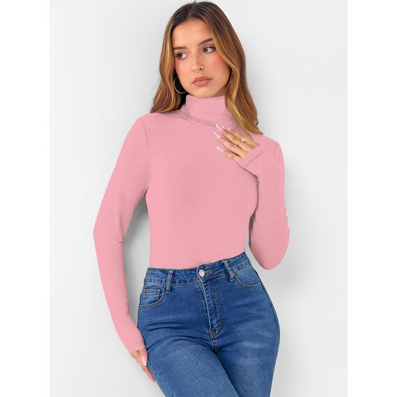 DUOEASE Langarmshirt Damen Slim Fit Casual Gerippt Rollkragenpullover Damen Herbst Winter Top Basic Einfarbig Langarm Tshirt(Rosa S