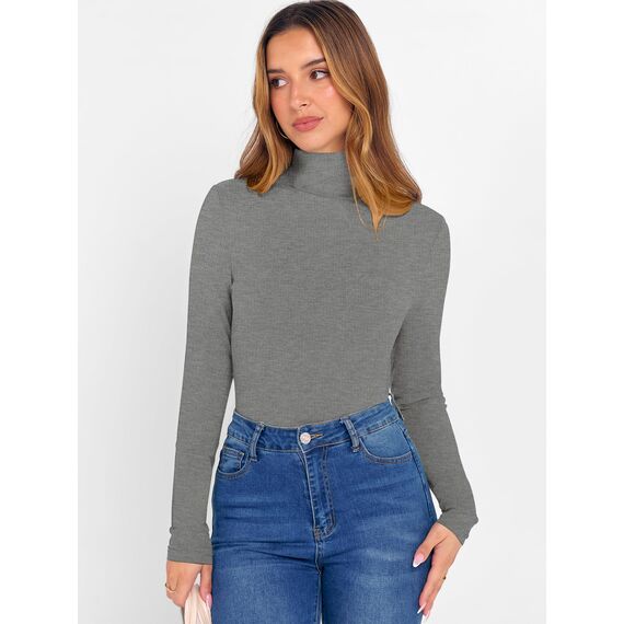 DUOEASE Longsleeve Damen Slim Fit Einfarbig Basic Langarmshirt Damen Rollkragen Langarm Casual Tshirt Herbst Winter Top(Grau XL