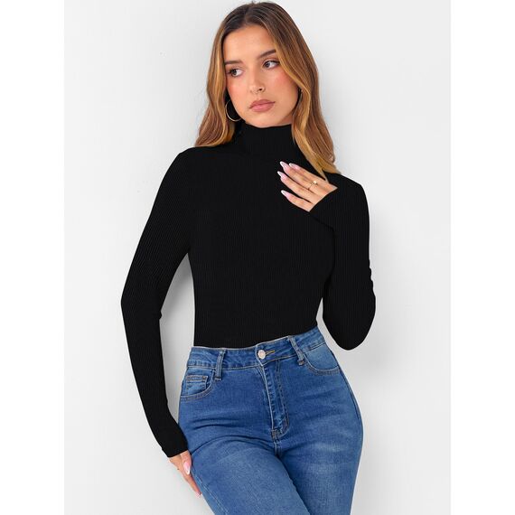 DUOEASE Longsleeve Damen Slim Fit Einfarbig Basic Langarmshirt Damen Rollkragen Langarm Casual Tshirt Herbst Winter Top(2Pack-Schwarz XL