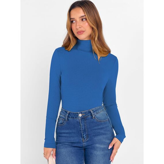 DUOEASE Longsleeve Damen Slim Fit Einfarbig Basic Langarmshirt Damen Rollkragen Langarm Casual Tshirt Herbst Winter Top(Tiefblau XL