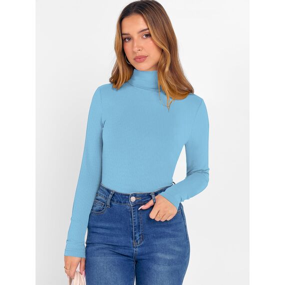 DUOEASE Langarmshirt Damen Slim Fit Casual Gerippt Rollkragenpullover Damen Herbst Winter Top Basic Einfarbig Langarm Tshirt(Blau S