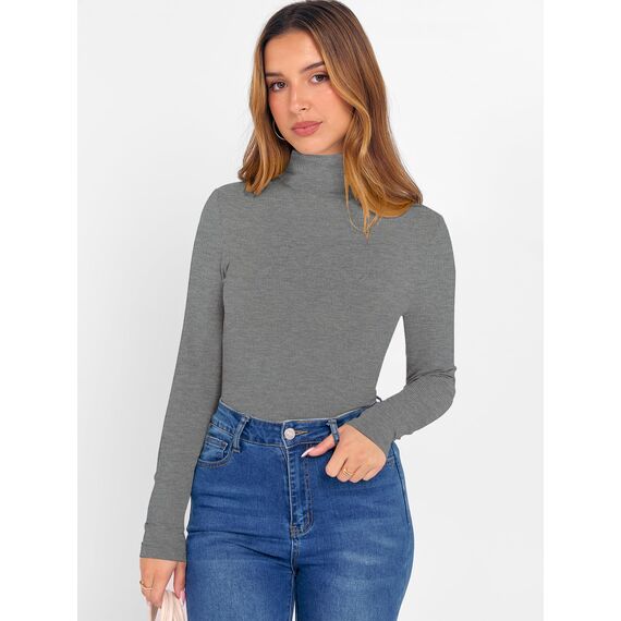 DUOEASE Longsleeve Damen Elegant Basic Rollkragen Tshirt Damen Slim Fit Gerippt Langarm Oberteile Herbst Winter Top(Grau XS