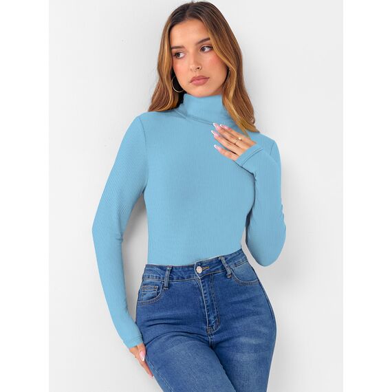 DUOEASE Longsleeve Damen Slim Fit Einfarbig Basic Langarmshirt Damen Rollkragen Langarm Casual Tshirt Herbst Winter Top(Blau XL